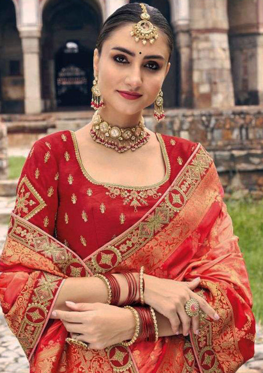 Red pure silk saree with golden border and red colored blouse (Unstitched)