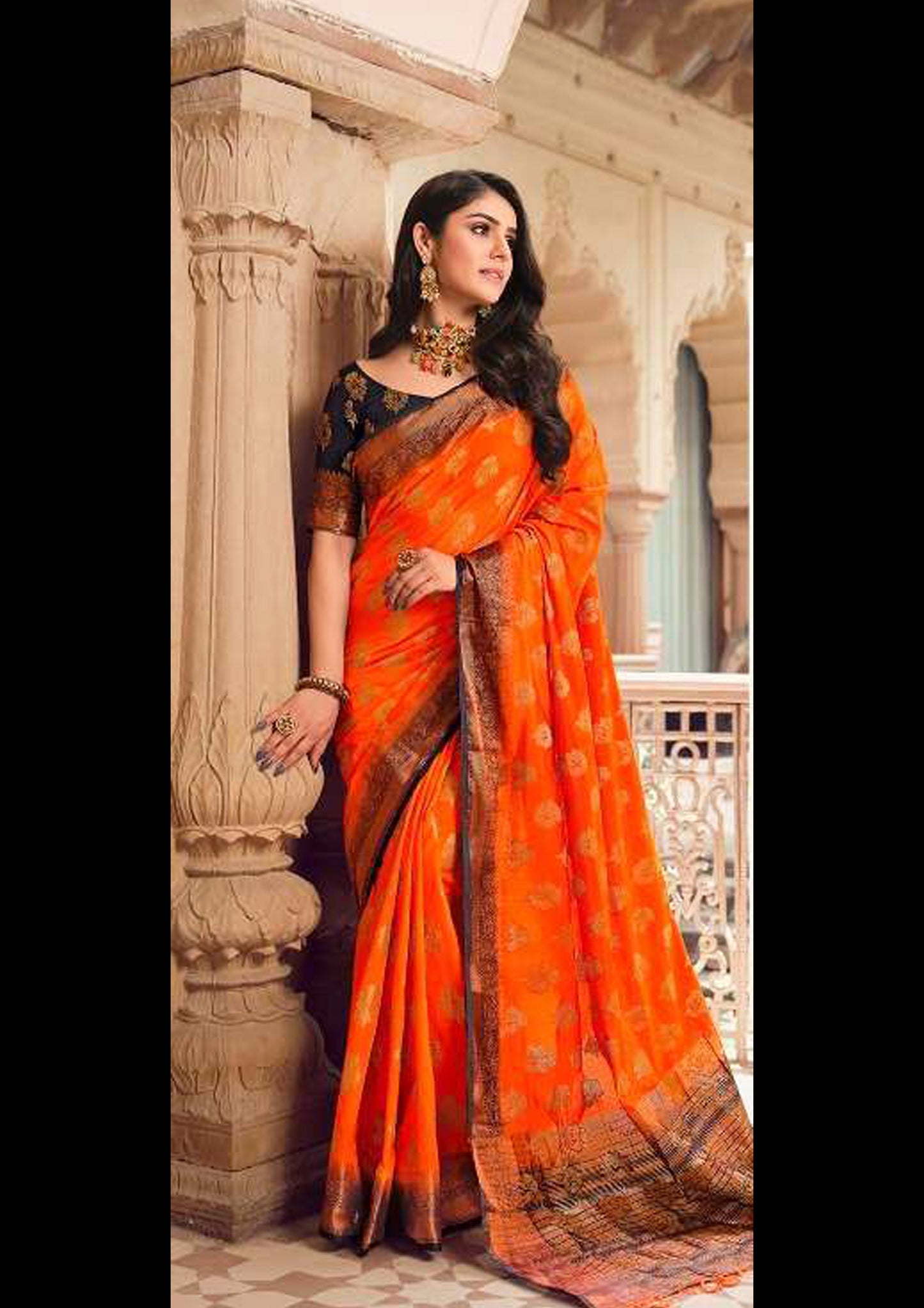 Orange Pure Silk Saree With Black Blouse And Border (Unstitched)