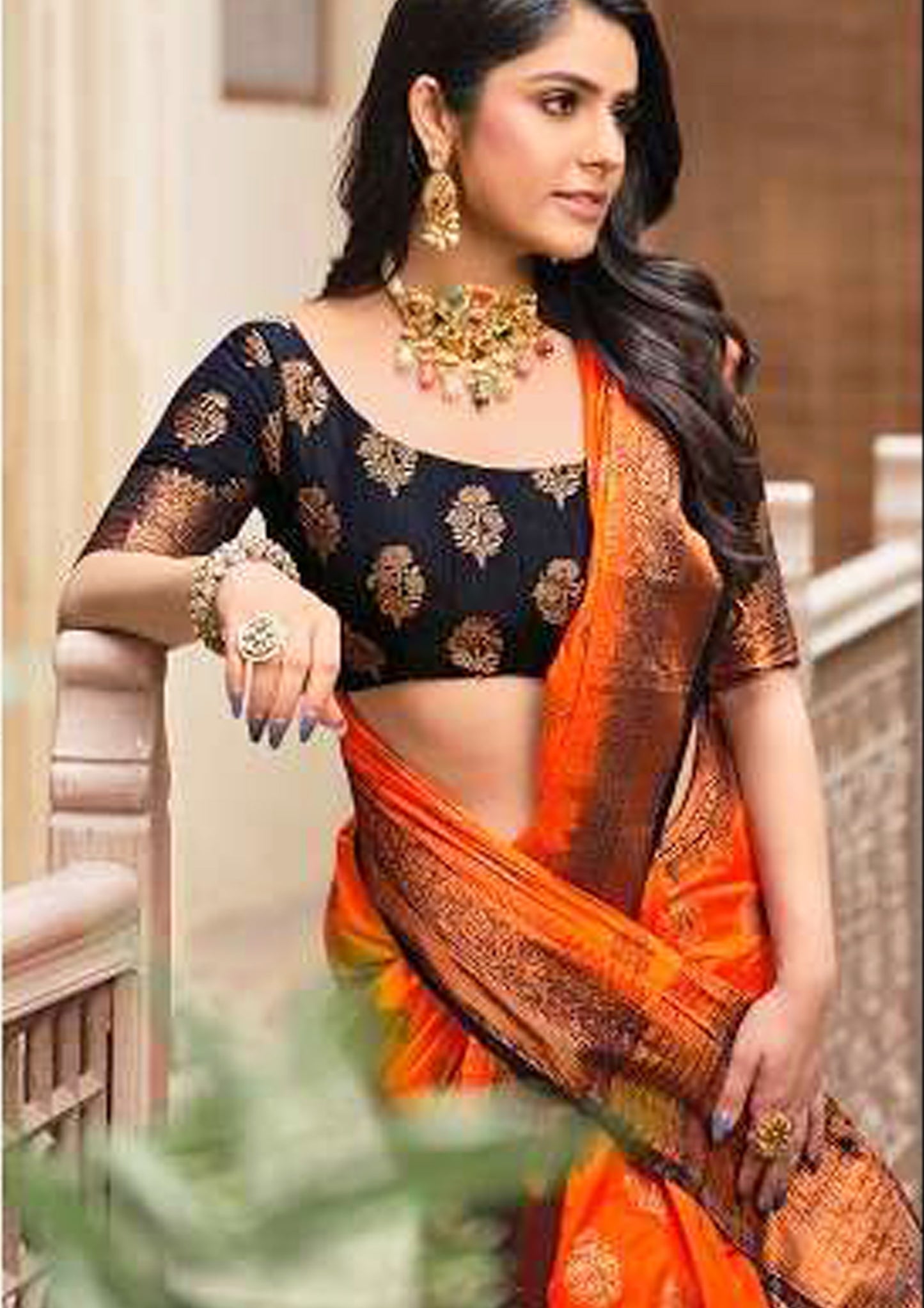 Orange Pure Silk Saree With Black Blouse And Border (Unstitched)