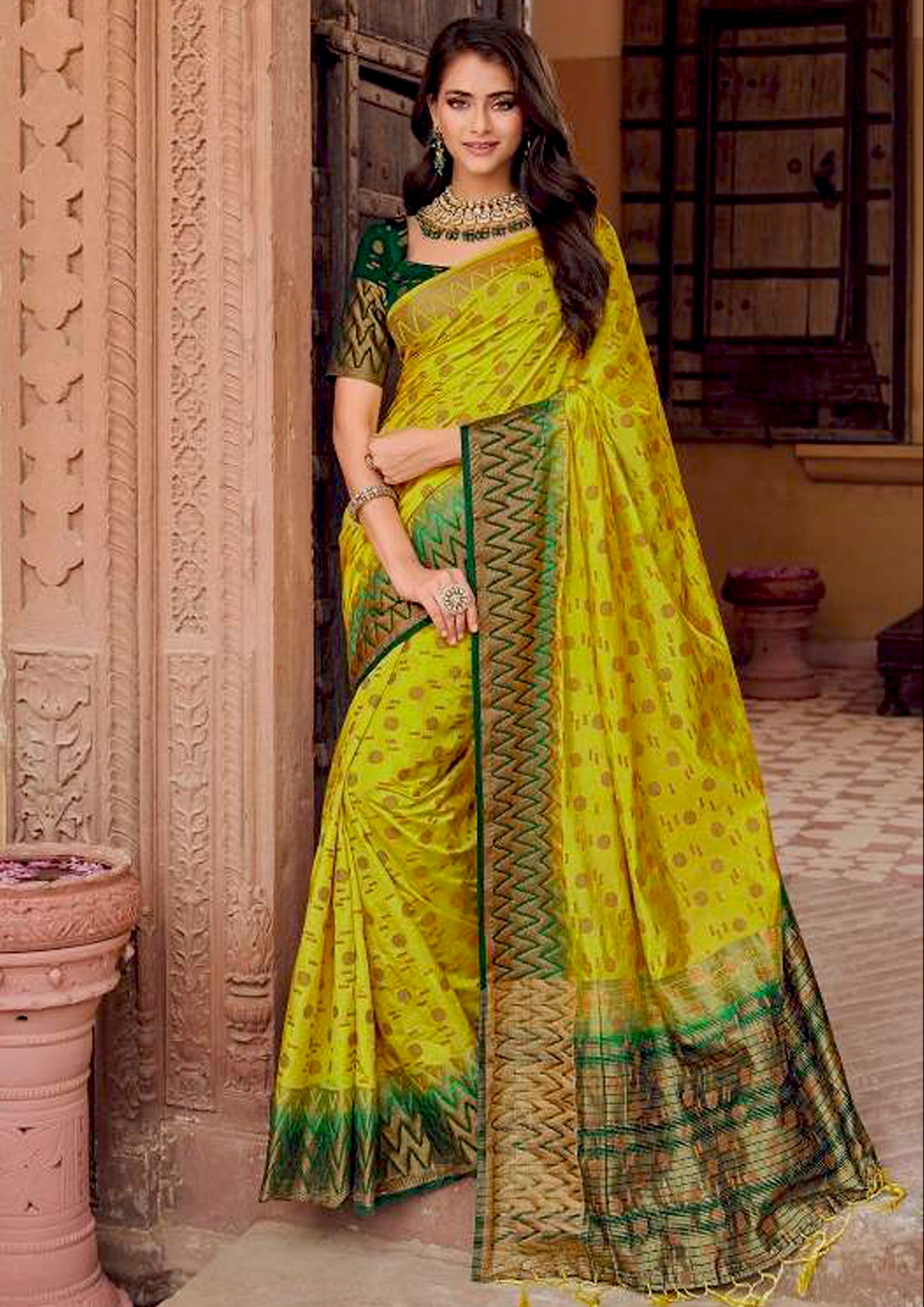 Yellow Pure Silk Saree With Royal Green Blouse And Border (Unstitched)