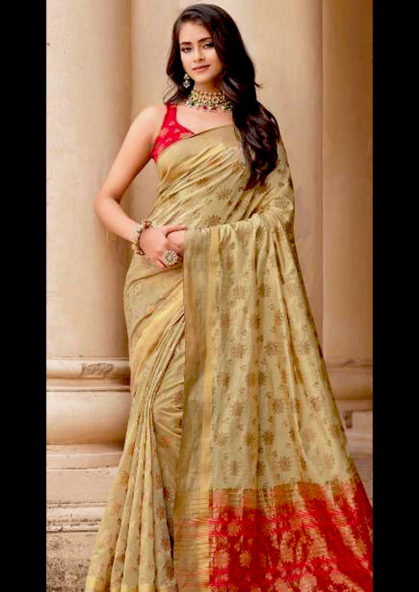 Royal Golden Pure Silk Saree With Red Blouse (Unstitched)