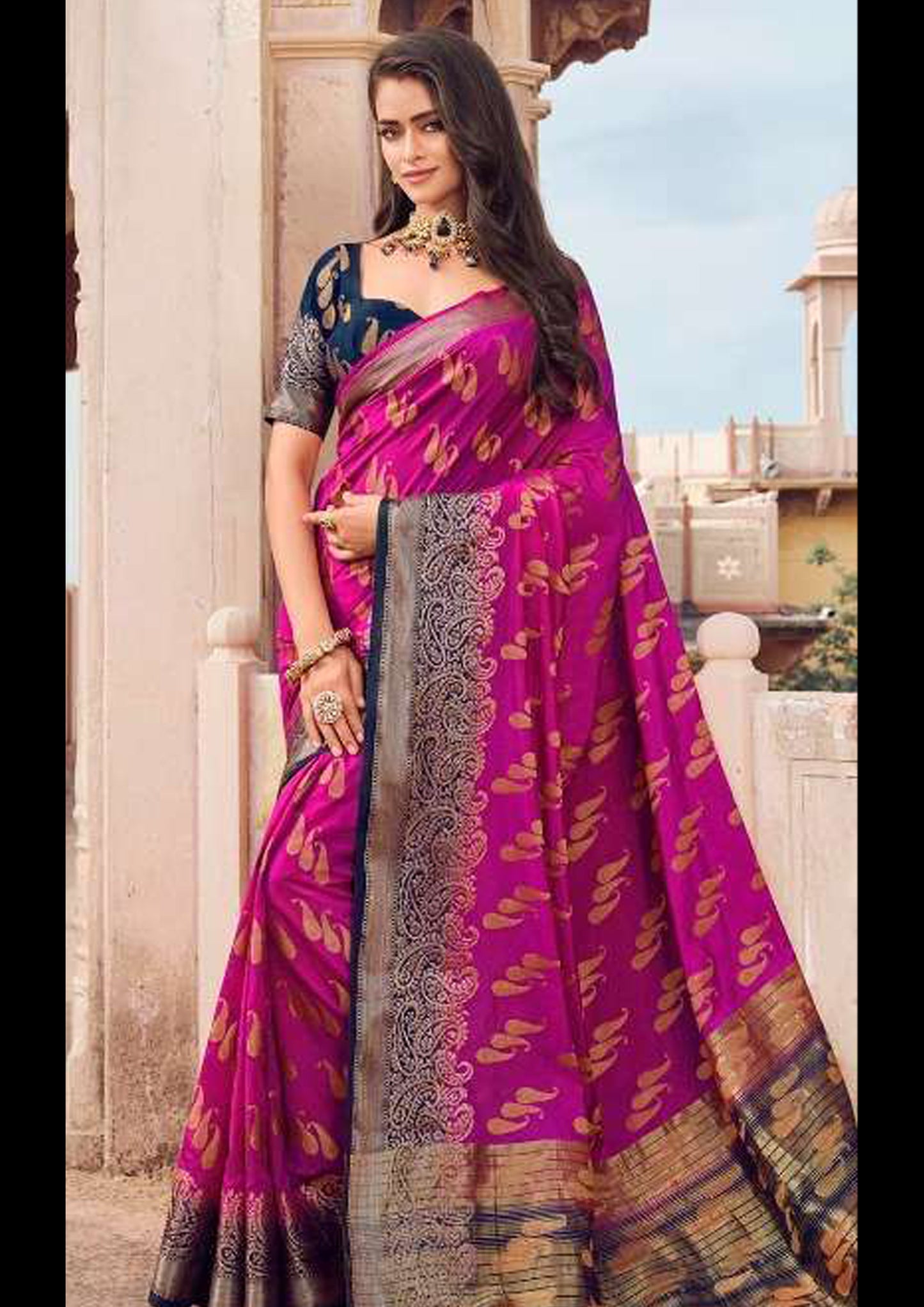 Pink Pure Silk Saree With Navy Blue Blouse (Unstitched)