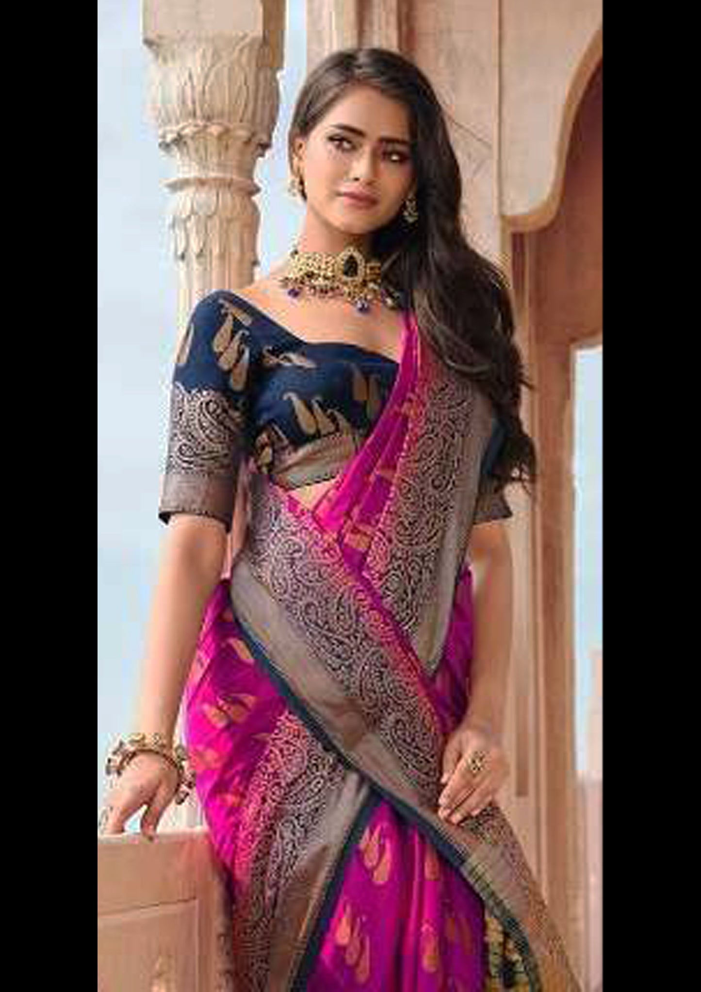 Pink Pure Silk Saree With Navy Blue Blouse (Unstitched)