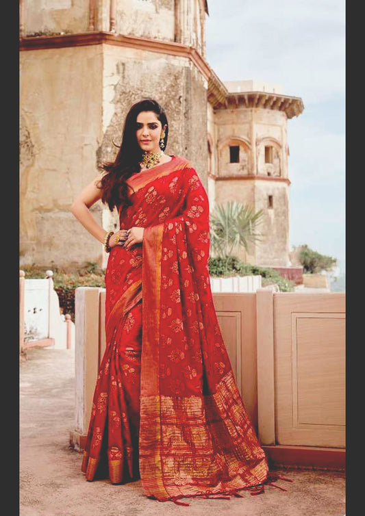 Red Pure Silk Saree With Blouse and Border  (Unstitched)