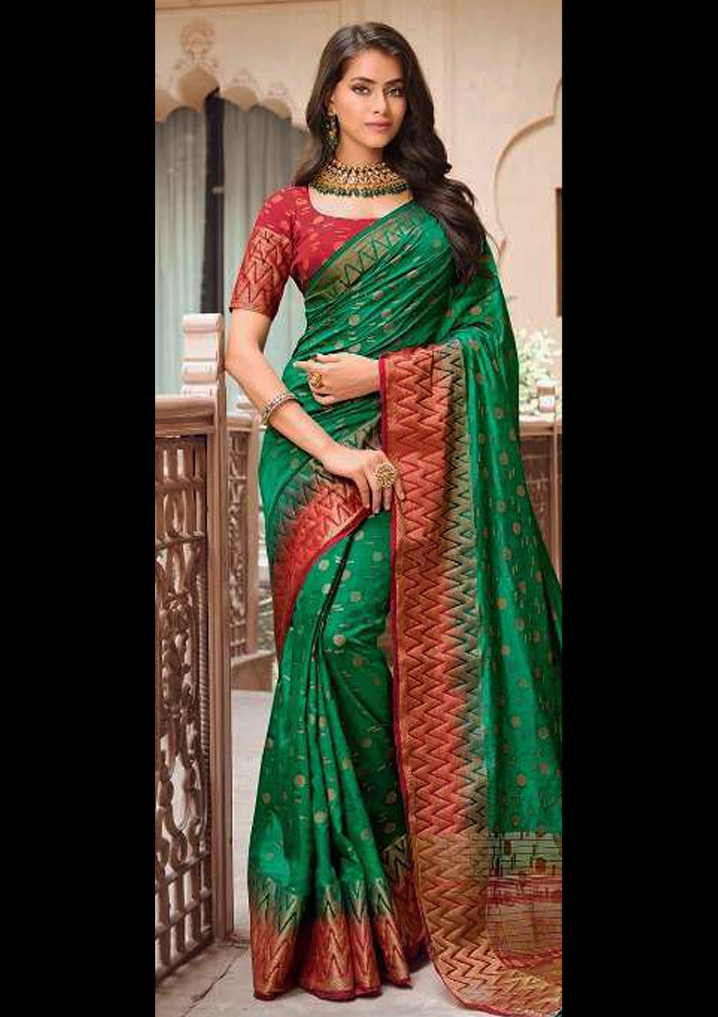 Green Pure Silk Saree With Red Blouse and Border (Unstitched)