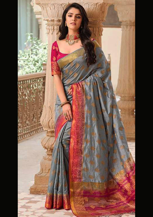 Grey Pure Silk Saree With Rani Pink Blouse And Border (Unstitched)