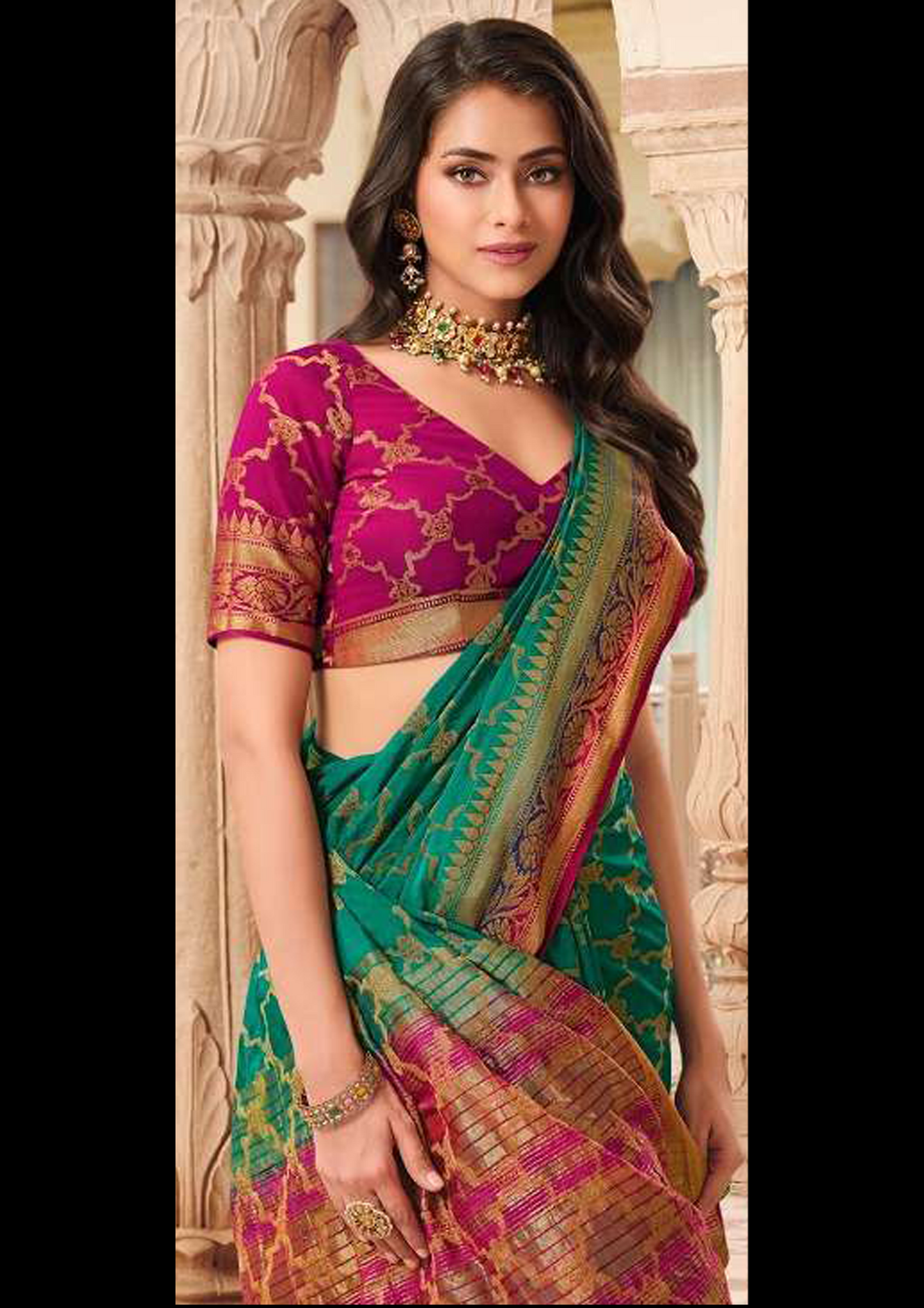 Green Pure Silk Saree With Rani Pink Blouse And Border (Unstitched)