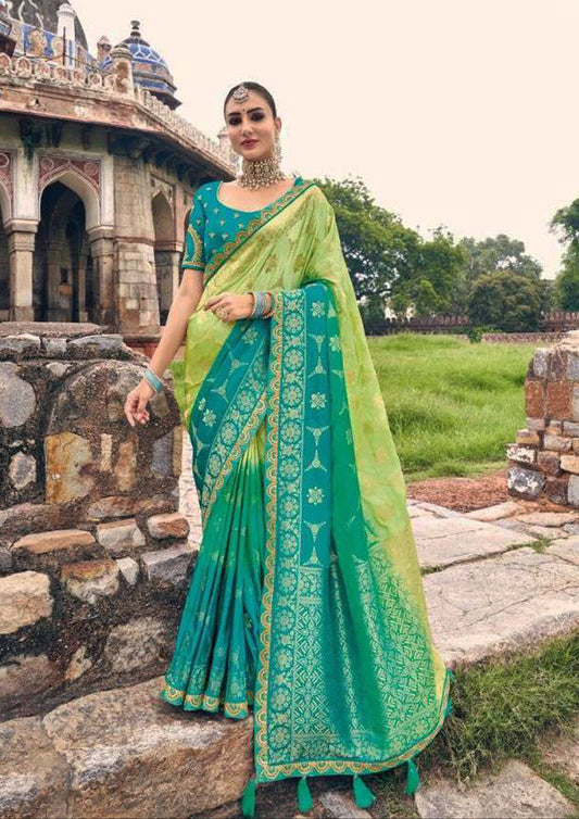 Tea green pure silk saree With Green Blouse And Border (Unstitched)