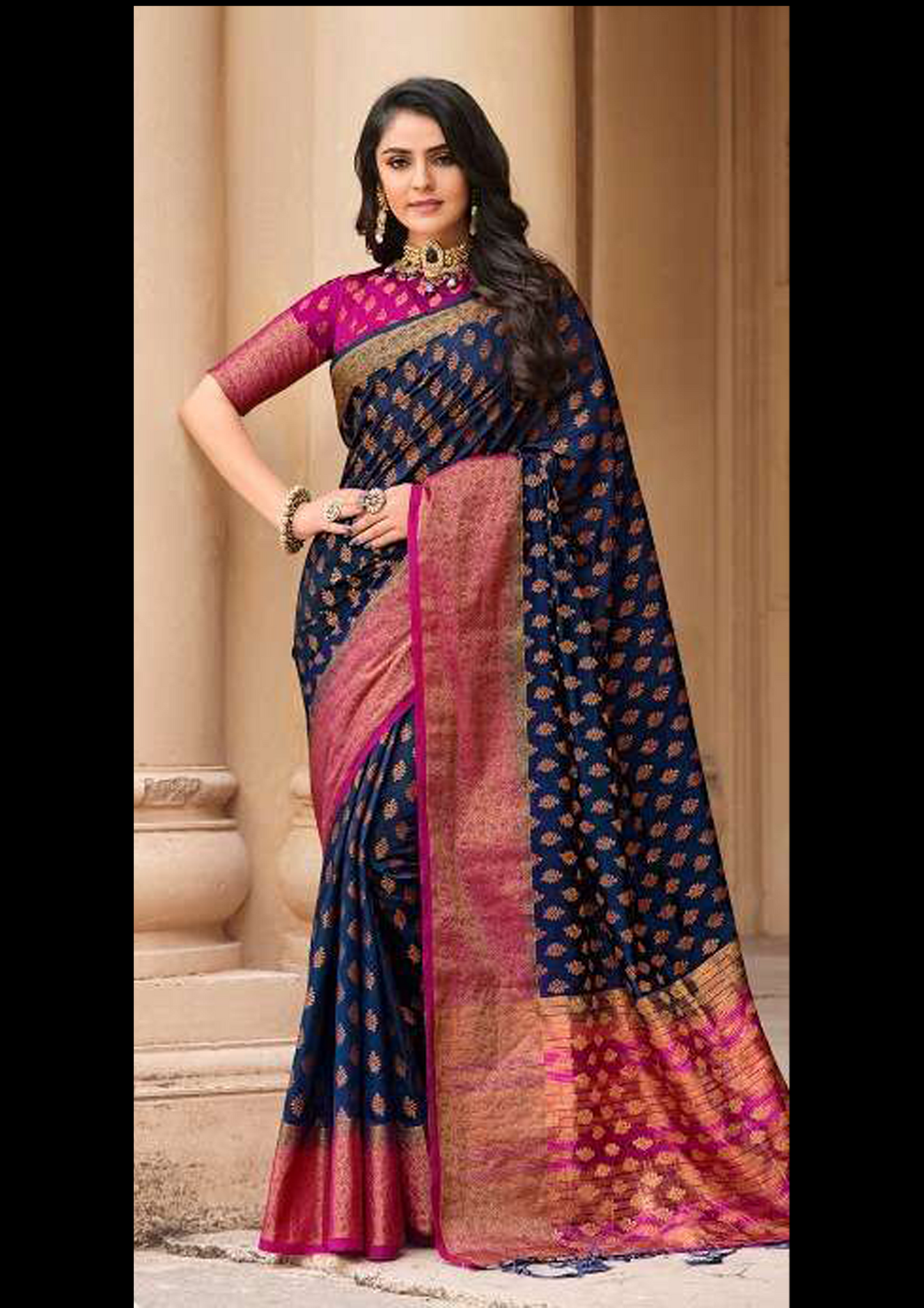 Navy Blue Pure Silk Saree With Magenta Pink Blouse (Unstitched)