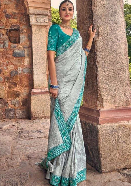 Silver Pure Silk Saree With Blue-Green Blouse And Border (Unstitched)