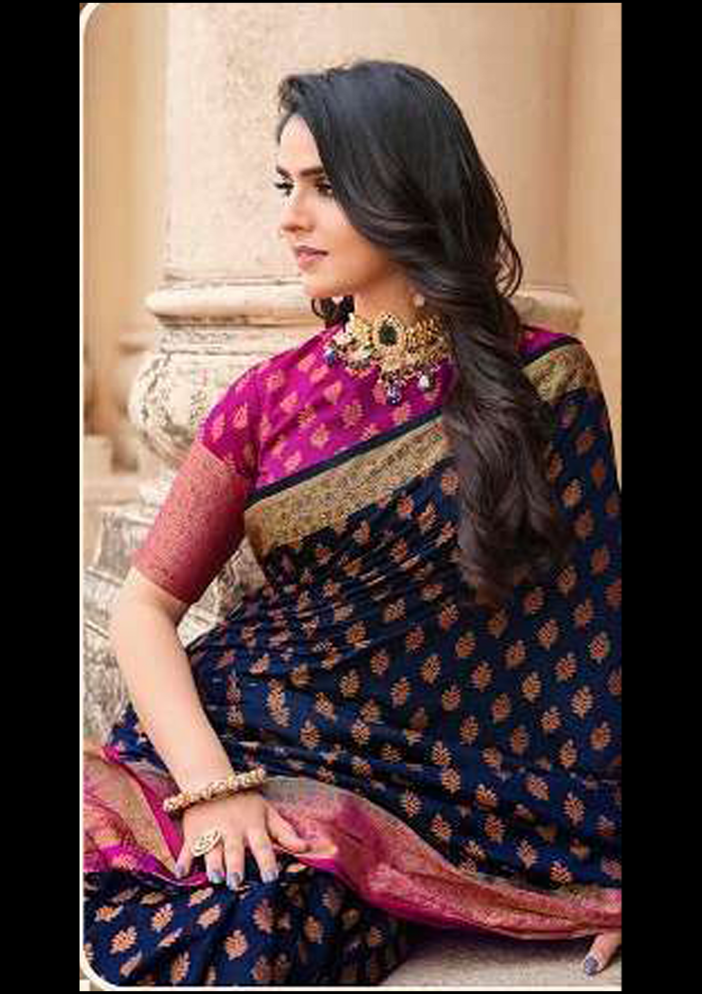 Navy Blue Pure Silk Saree With Magenta Pink Blouse (Unstitched)