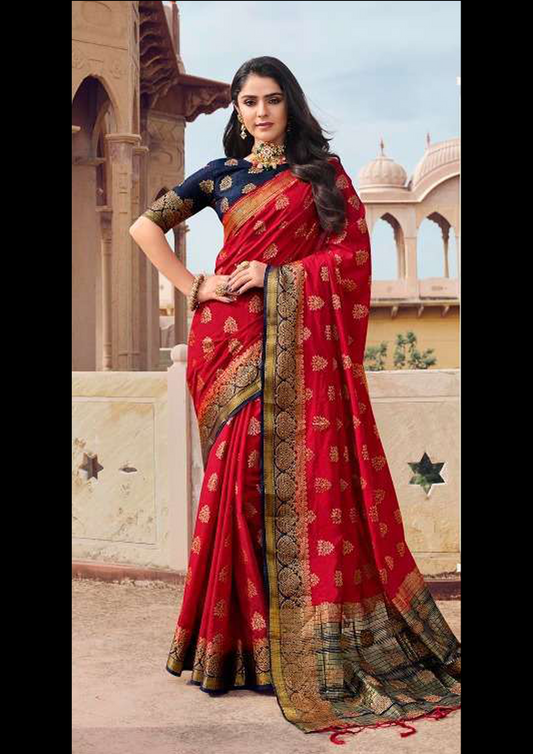 Red Pure Silk Saree With Navy Blue Blouse And Border (Unstitched)