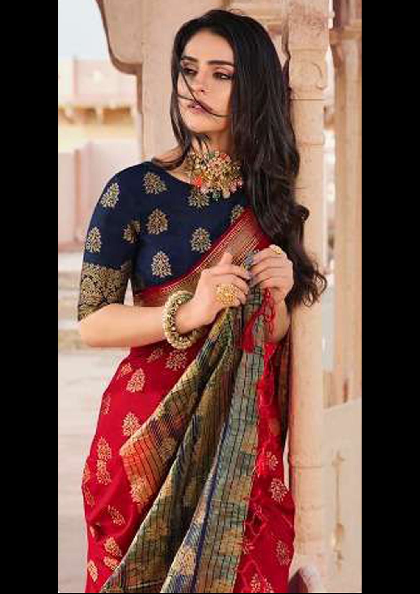 Red Pure Silk Saree With Navy Blue Blouse And Border (Unstitched)