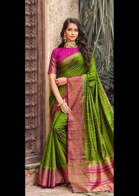 Green Pure Silk Saree With Pink Blouse And Border (Unstitched)