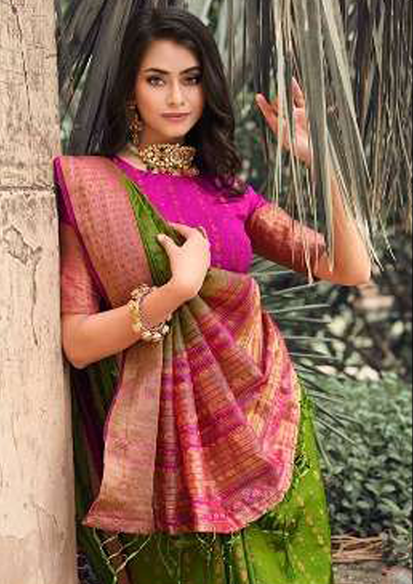 Green Pure Silk Saree With Pink Blouse And Border (Unstitched)