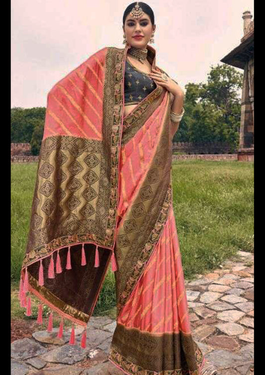 Pink pure silk saree with Black blouse and border (Unstitched)