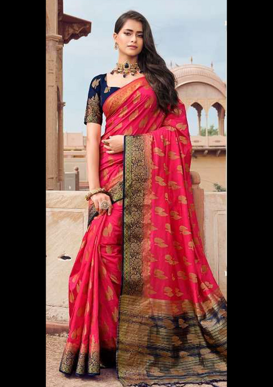 Royal Pink Pure Silk Saree With Blue Blouse (Unstitched)