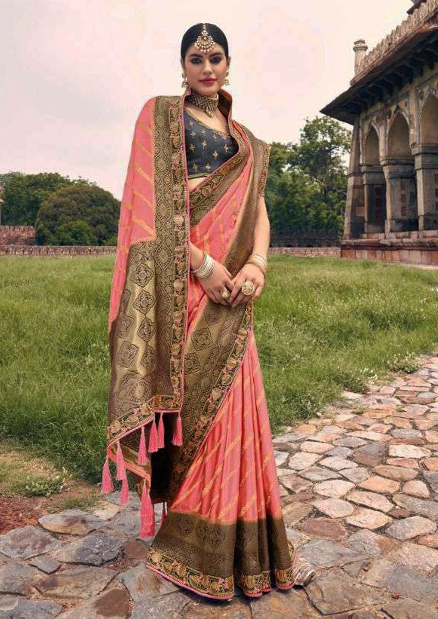 Pink pure silk saree with Black blouse and border (Unstitched)