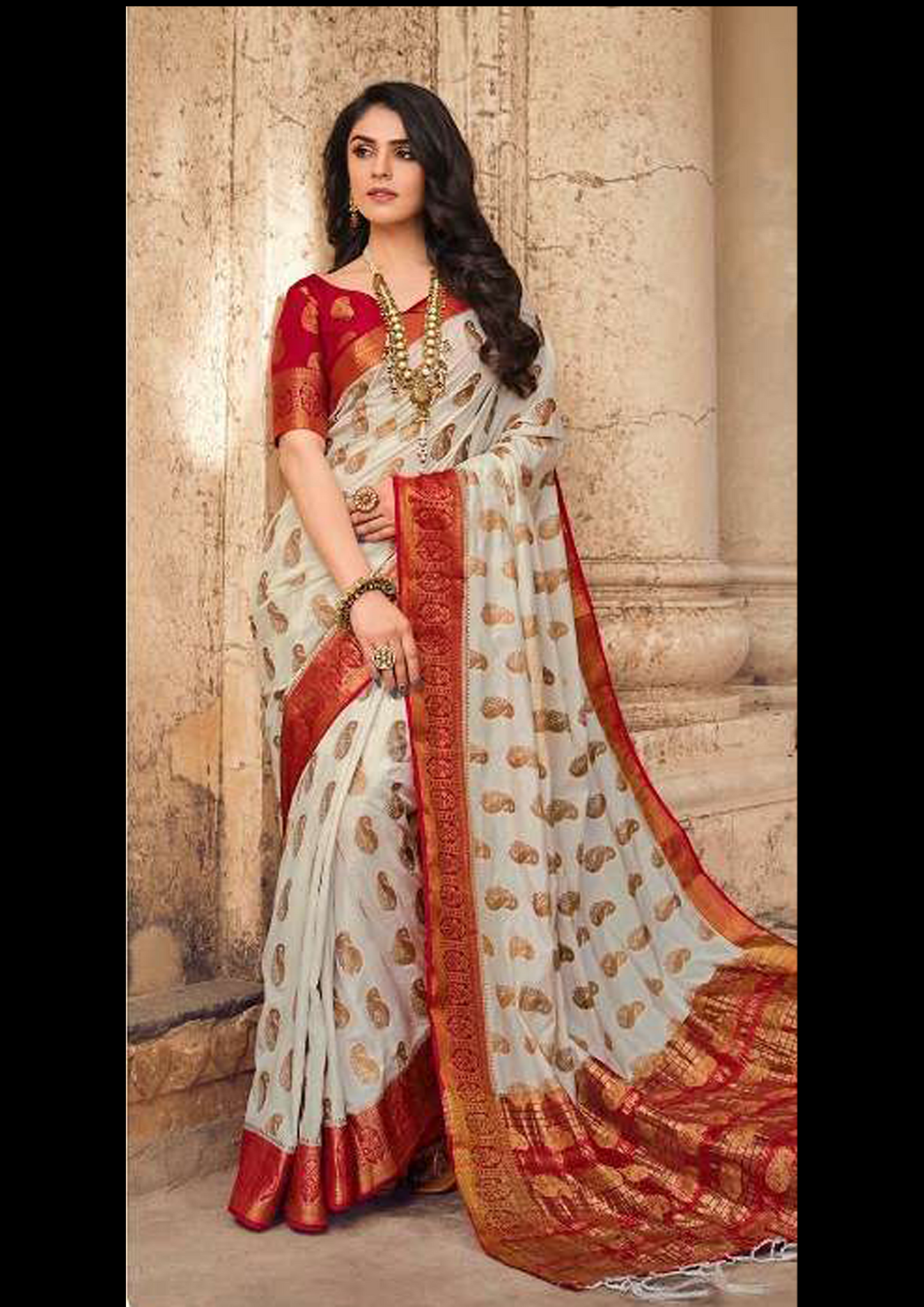 Grey Pure Silk Saree With Red Blouse (Unstitched)