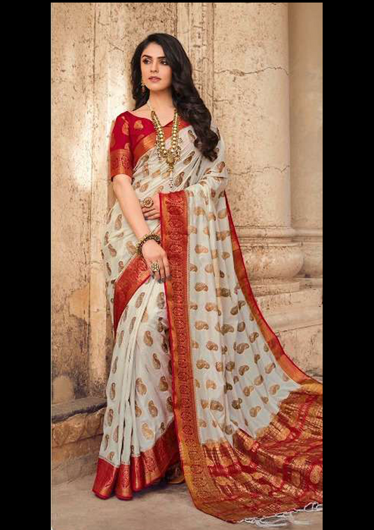 Grey Pure Silk Saree With Red Blouse (Unstitched)