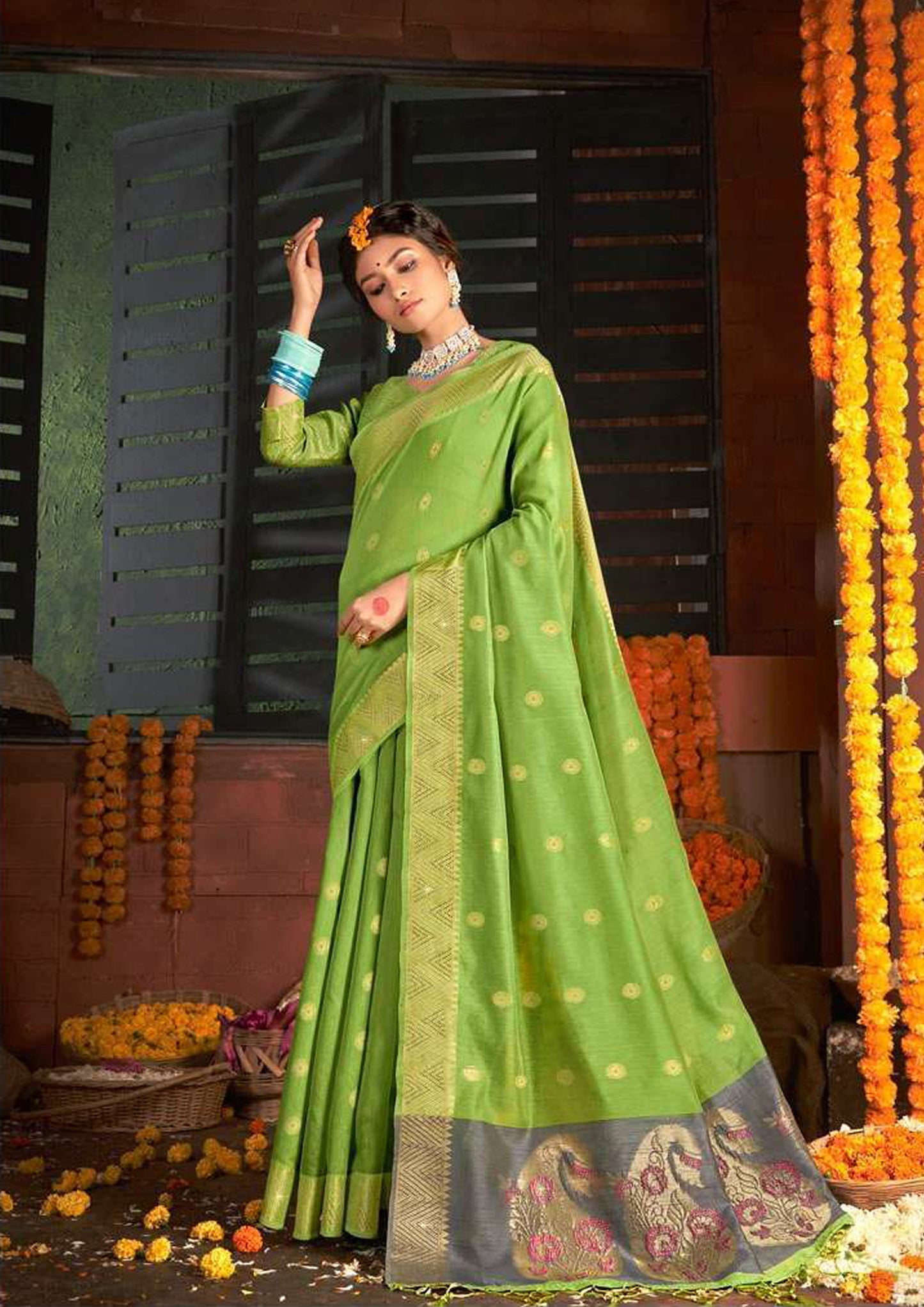 Green pure silk saree with matching blouse (unstitched)