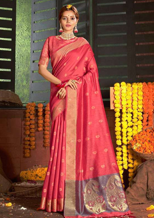 Pink pure silk saree with golden border and pink colored blouse (Unstitched)