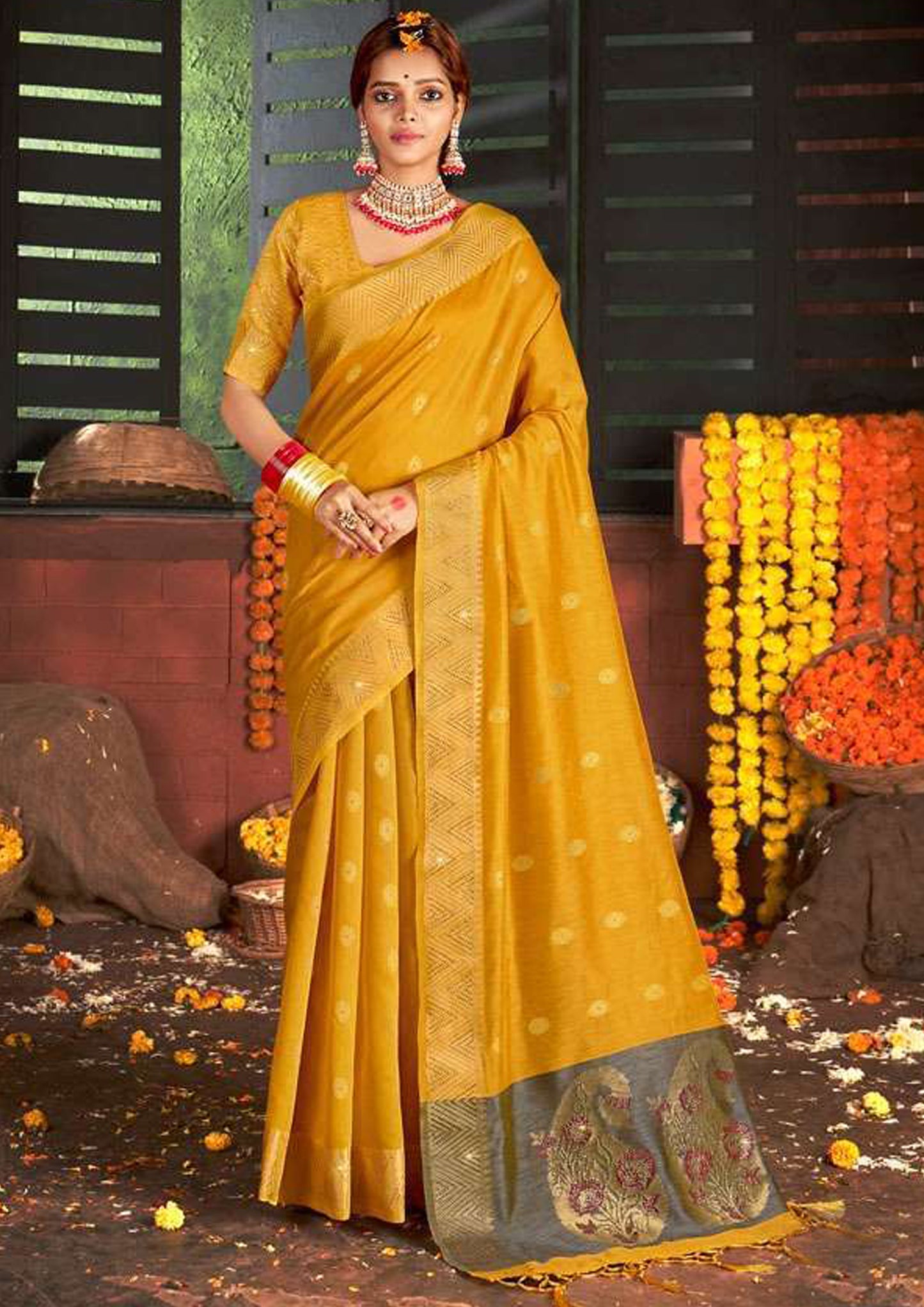 Yellow pure silk saree with golden border and matching blouse (Unstitched)