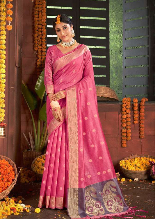 Pink pure silk saree with golden border and pink blouse (Unstitched)