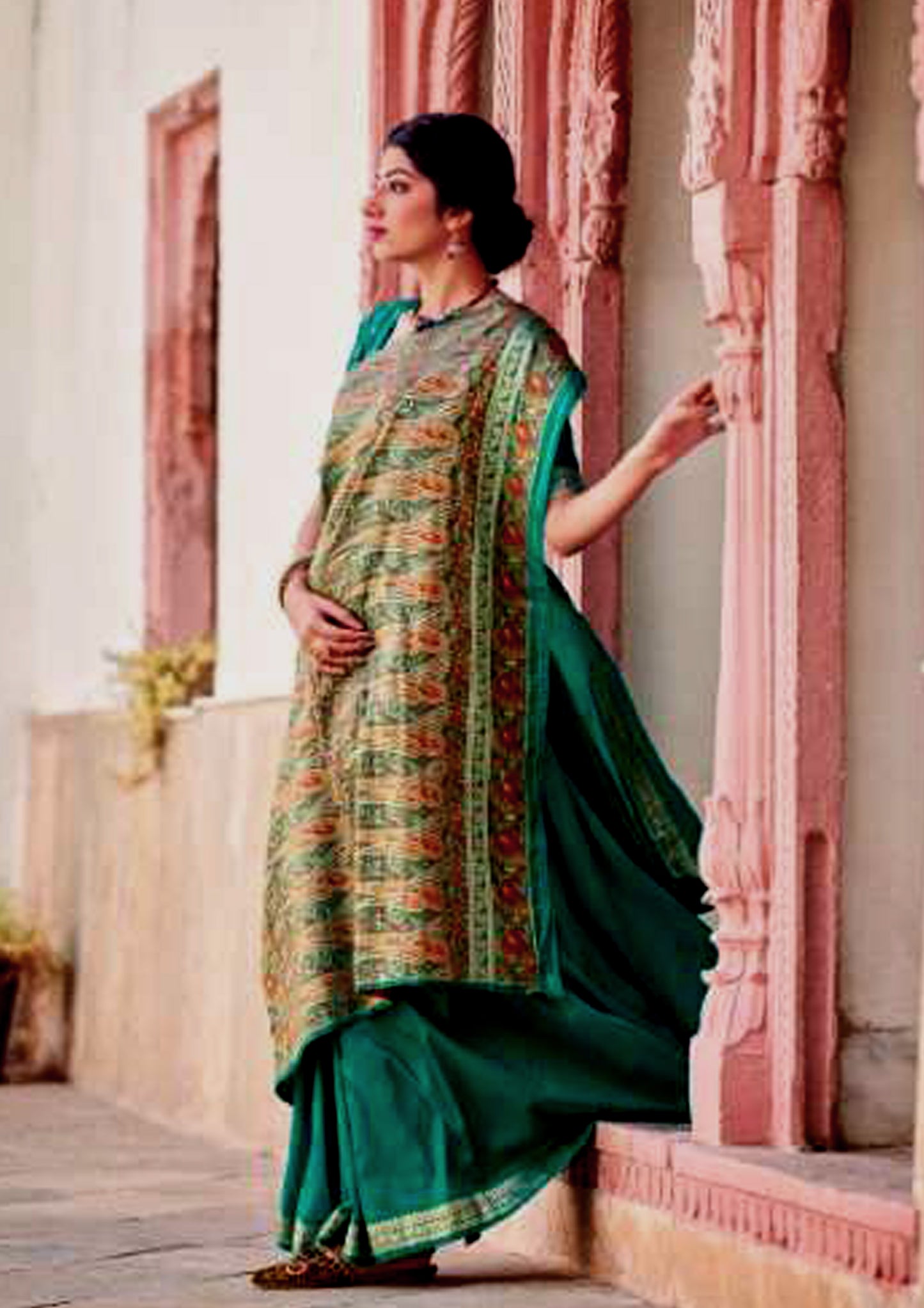 Green pure silk saree with heavy aanchal golden border and printed blouse (Unstitched)