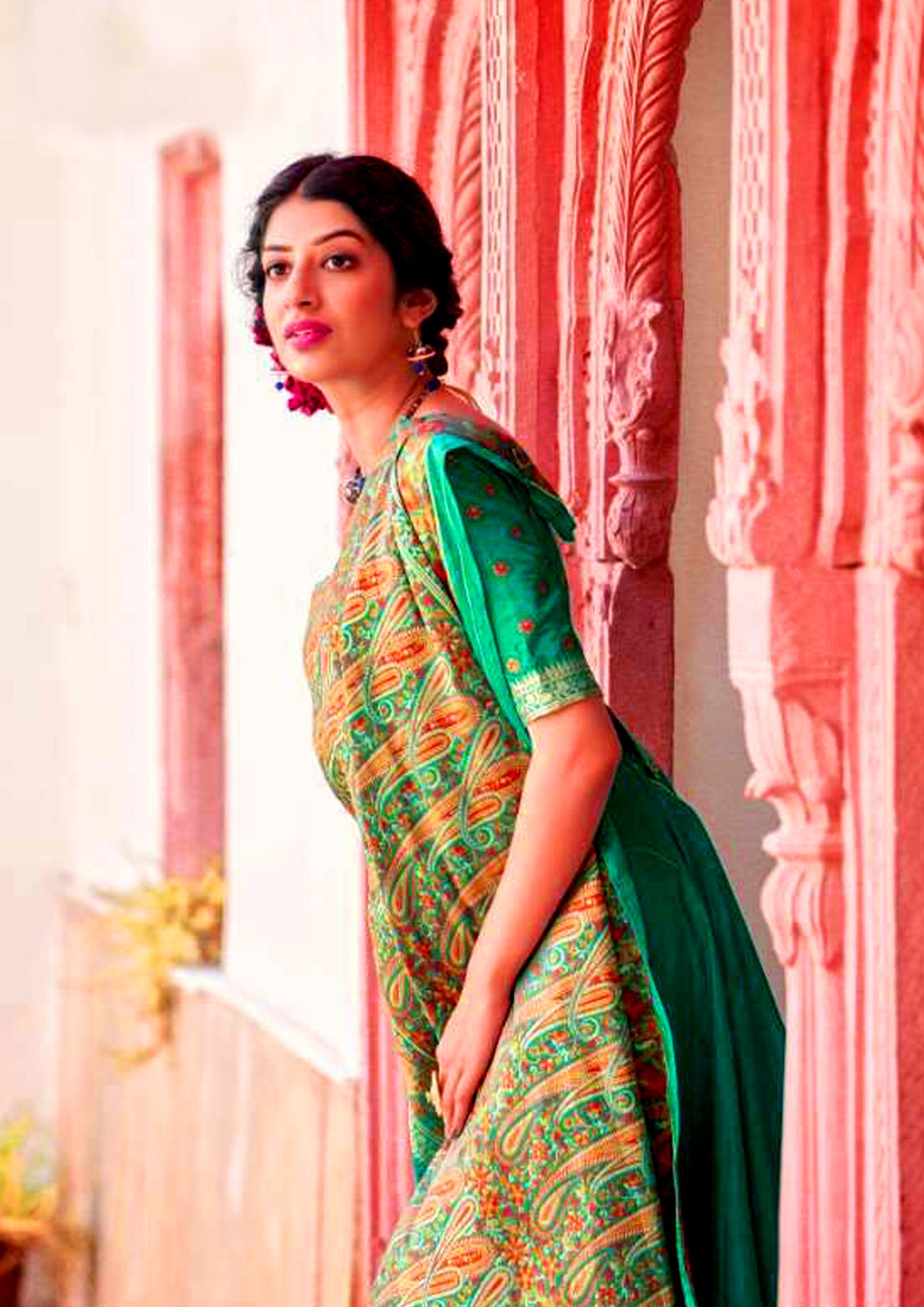 Green pure silk saree with heavy aanchal golden border and printed blouse (Unstitched)