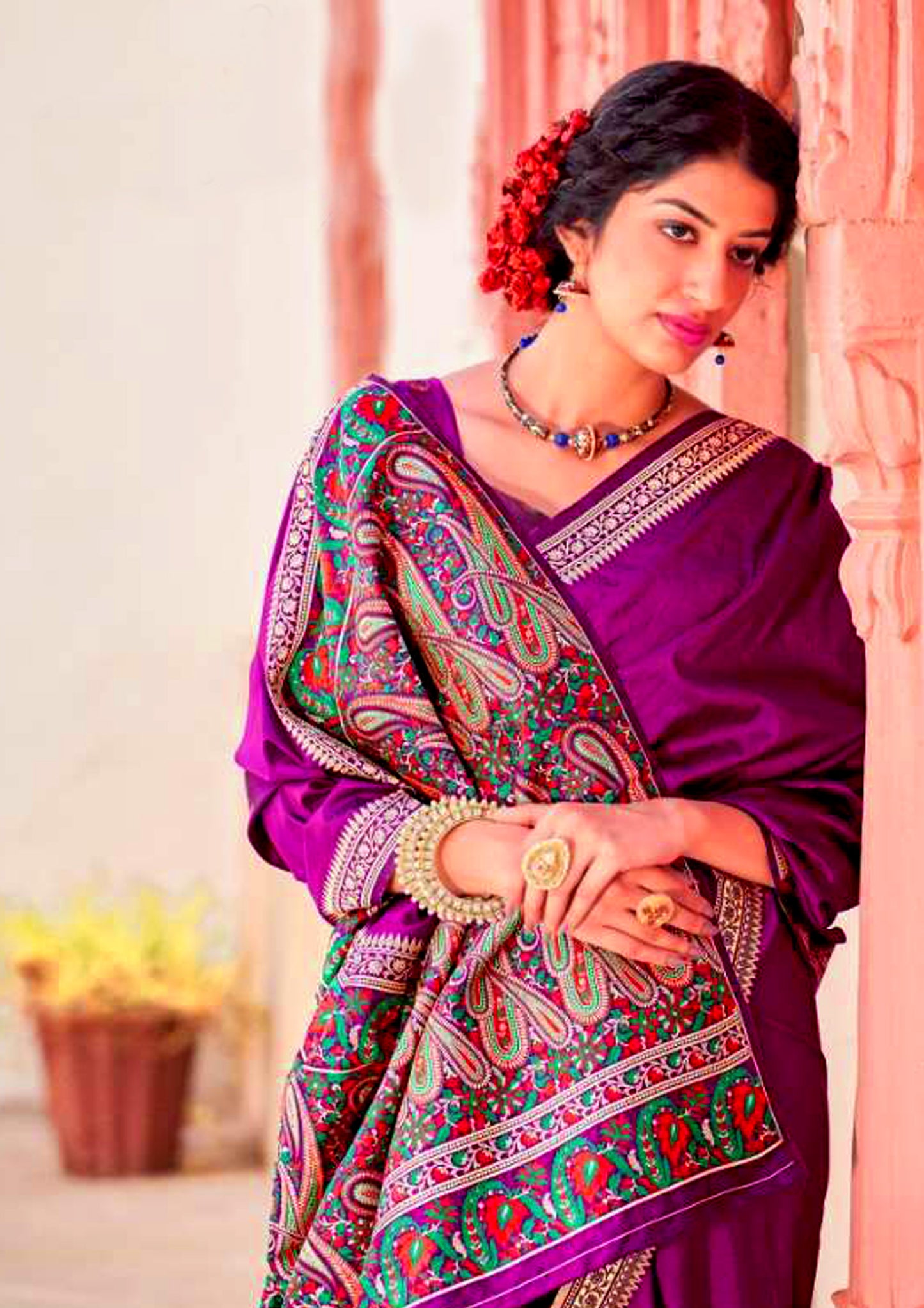 Violet Pure silk saree with heavy aanchal golden border and matching blouse (unstitched)