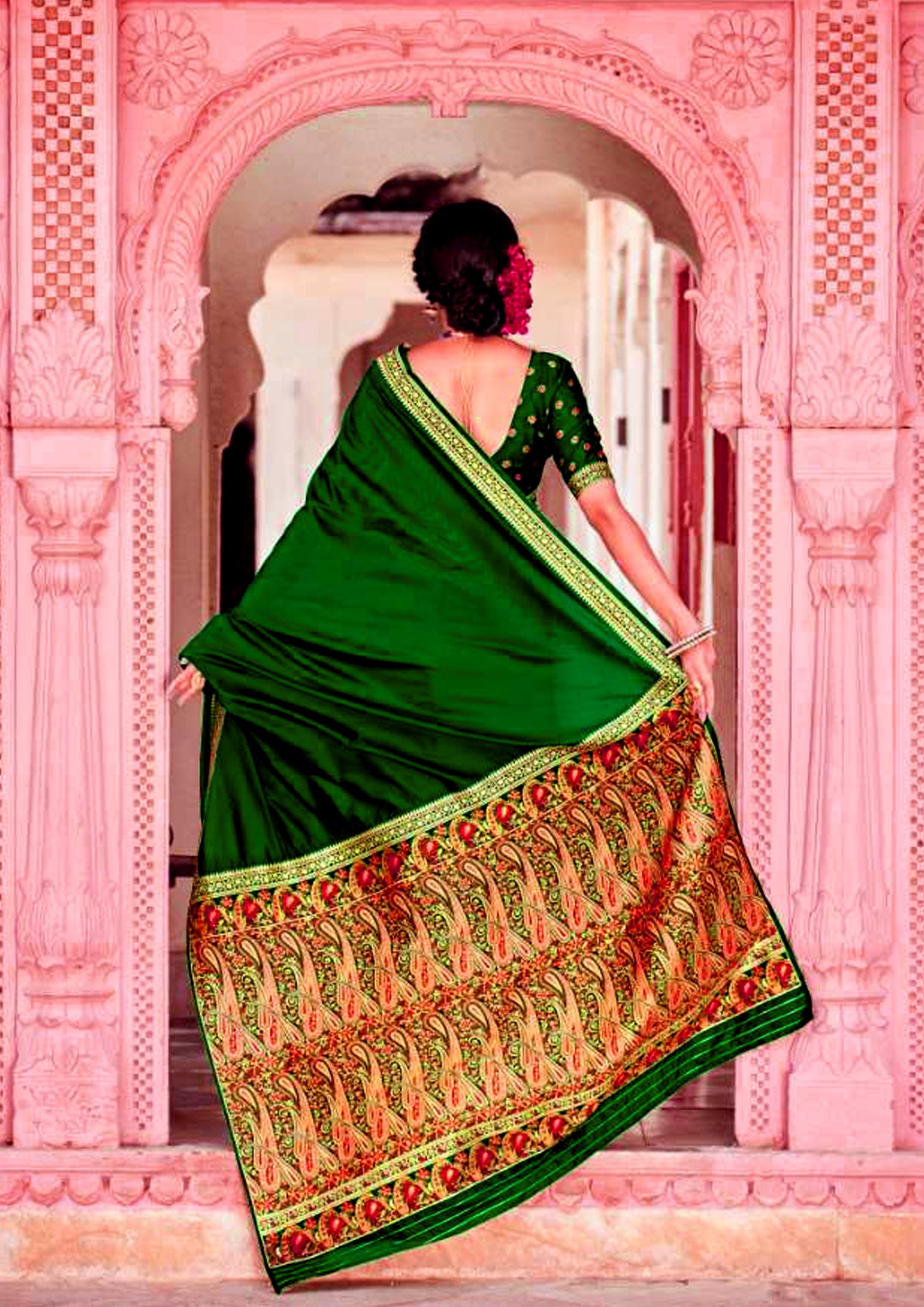 Green pure silk saree with heavy aanchal golden border and matching blouse (unstitched)