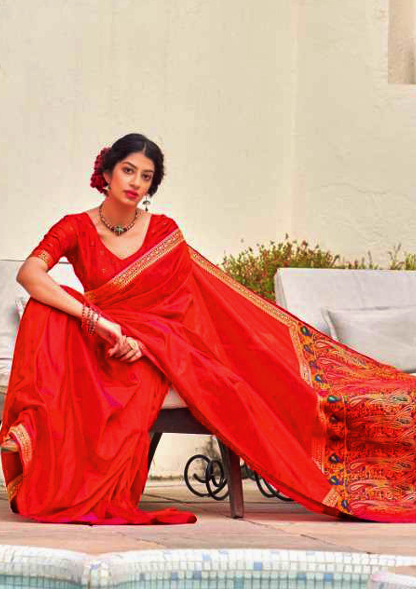 Red pure silk saree with heavy aanchal golden border and red colored blouse (unstitched)