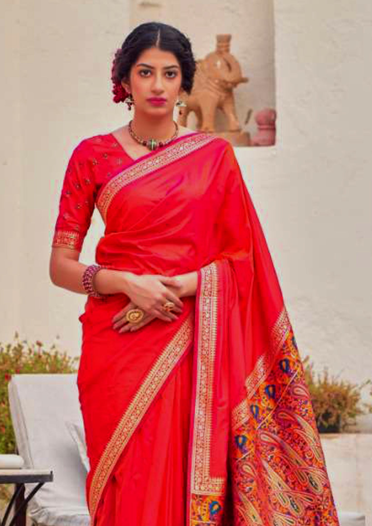 Red pure silk saree with heavy aanchal golden border and red colored blouse (unstitched)