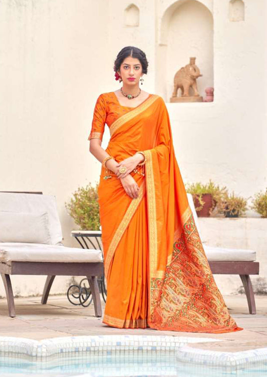 Orange pure silk saree with heavy aanchal printed golden border (unstitched)