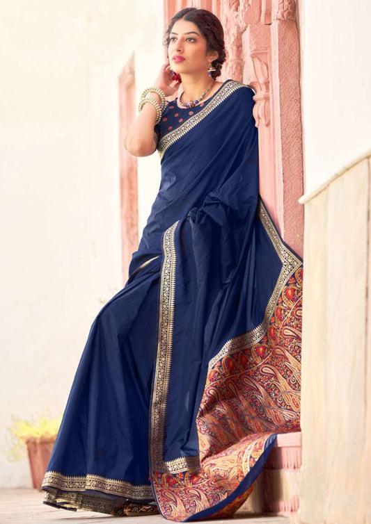 Navy blue pure silk saree with heavy aanchal border and matching blouse (unstitched)