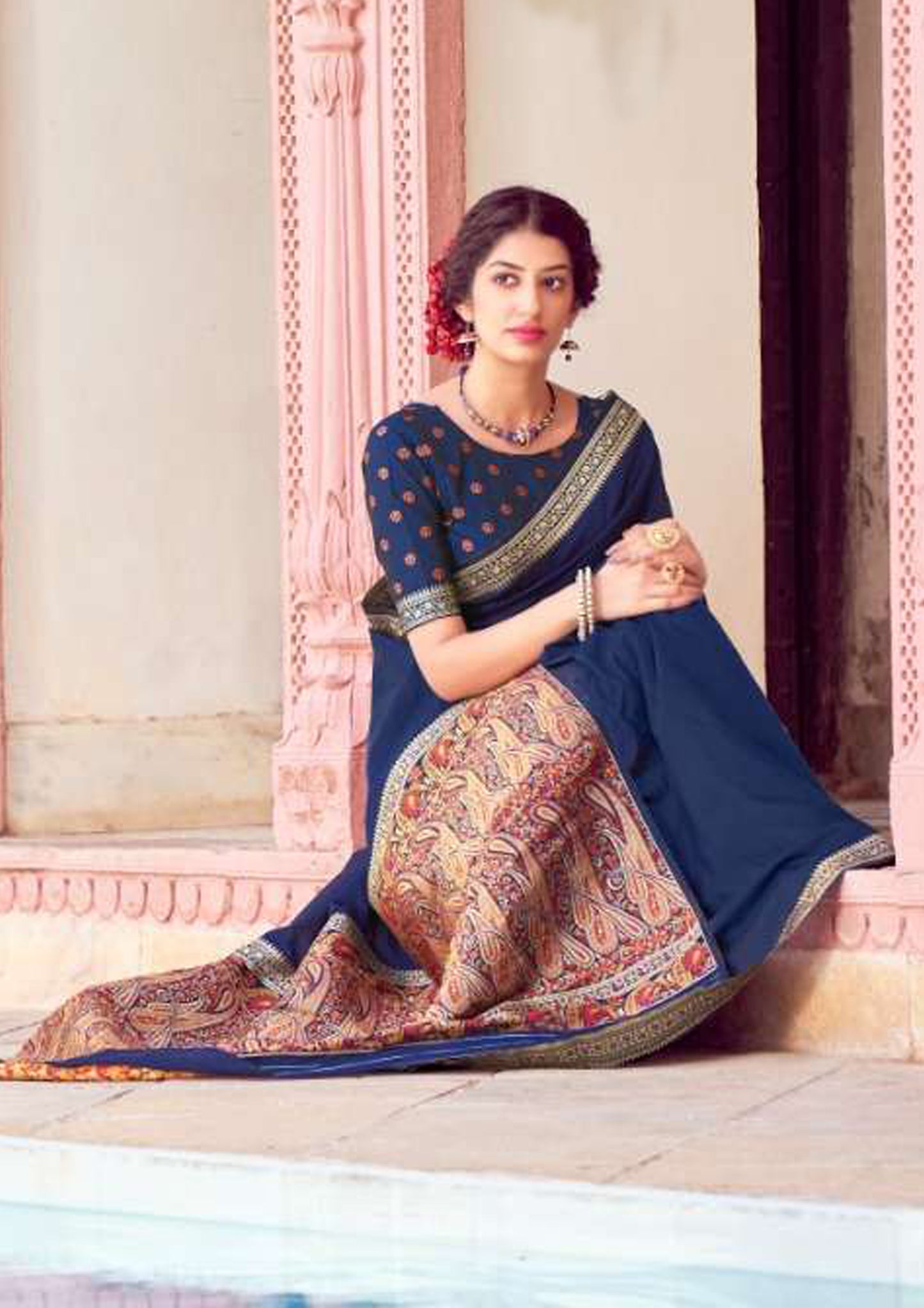 Navy blue pure silk saree with heavy aanchal border and matching blouse (unstitched)