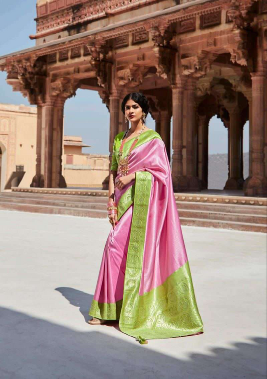 Pink Pure Silk Saree With Light Green Border And  Blouse (Unstitched)