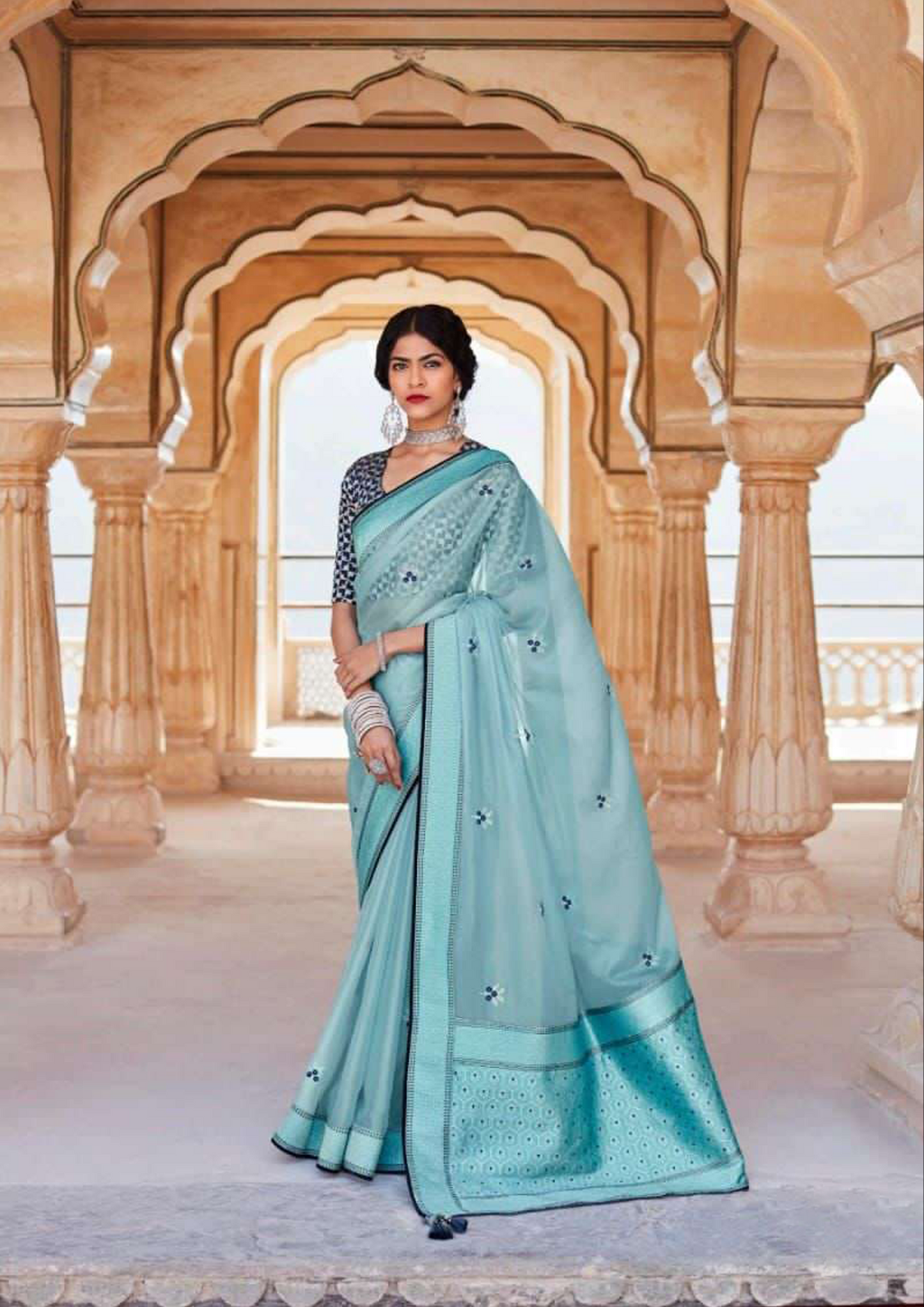 Turquoise Saree With Dark Blue Blouse (Unstitched)