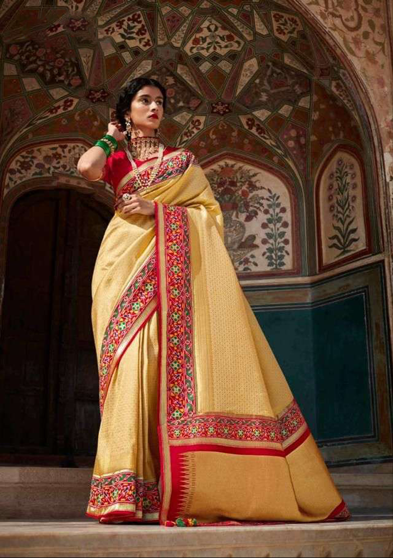 Royal Beige Saree With Red Border and Blouse (Unstitched)