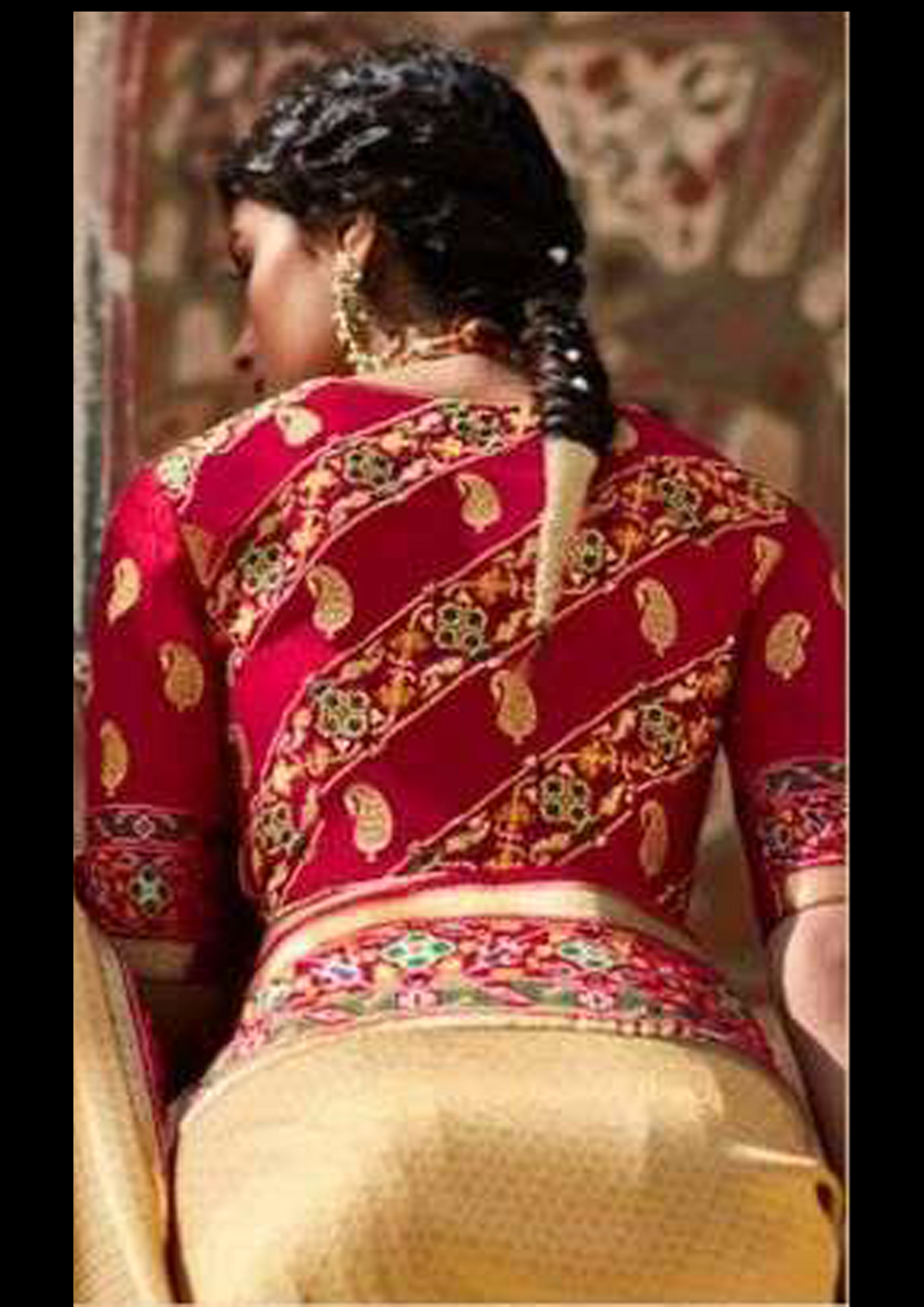 Royal Beige Saree With Red Border and Blouse (Unstitched)