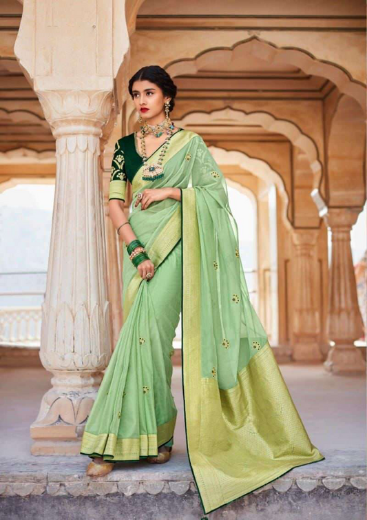 Light Green pure silk saree with heavy aanchal golden border and blouse (Unstitched)