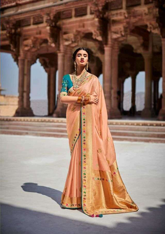 Peach Pure Silk Saree With Golden Border And Green Blouse (Unstitched)