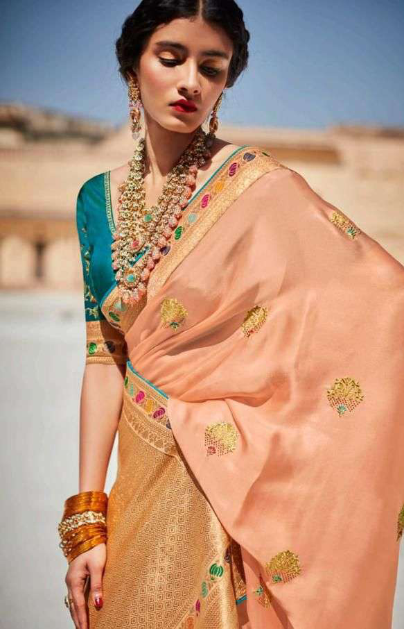 Peach Pure Silk Saree With Golden Border And Green Blouse (Unstitched)