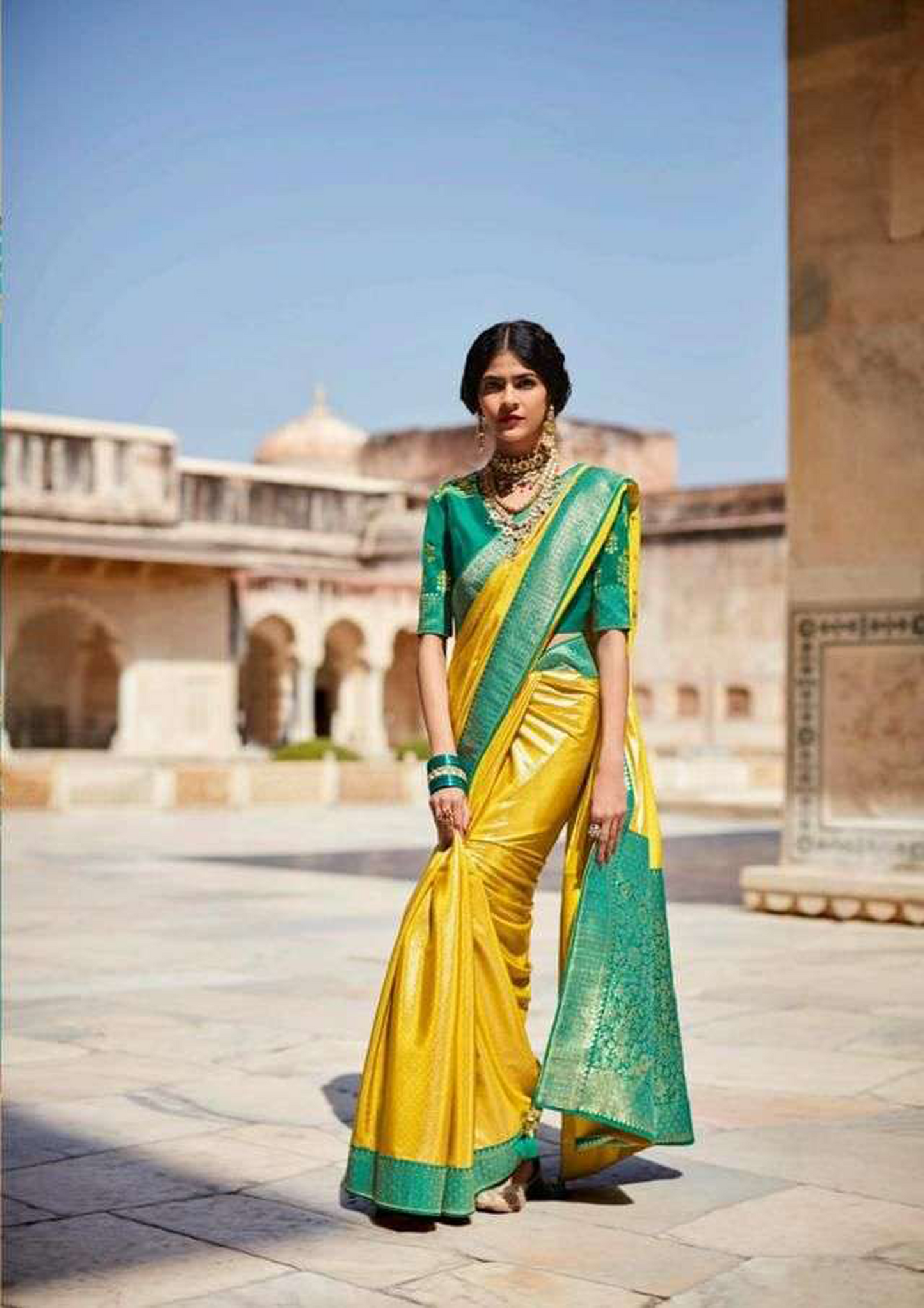 Yellow Pure Silk Saree With Bottle Green Border and Blouse (Unstitched)