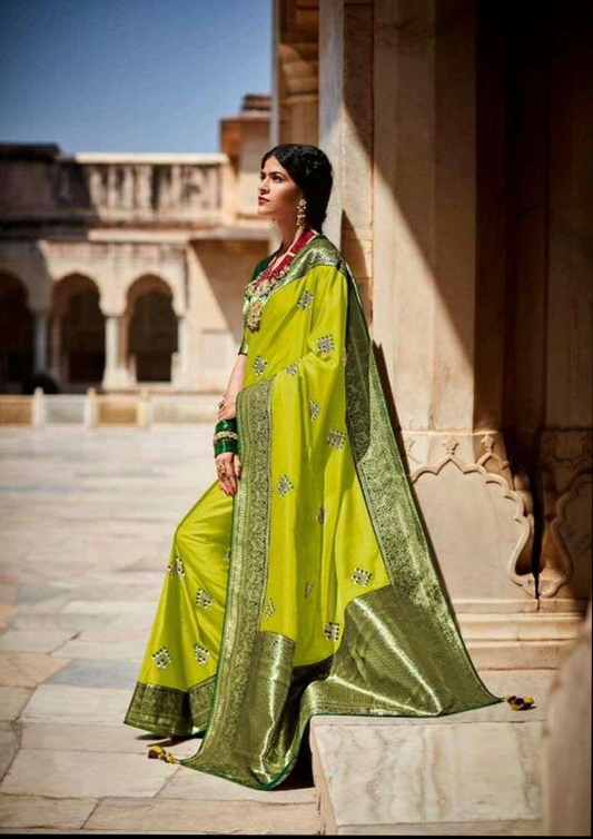 Royal Green Saree With Bottle Green Blouse and Border  (Unstitched)