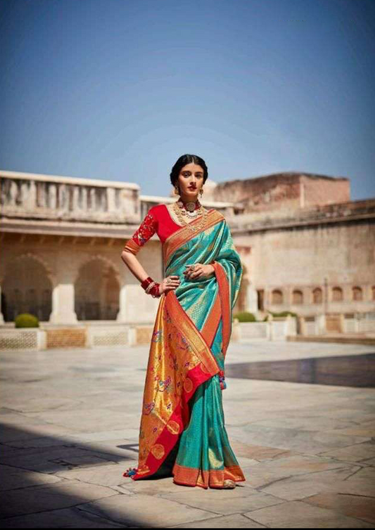 Royal Green Pure Silk Saree With Red Border And Blouse (Unstitched)