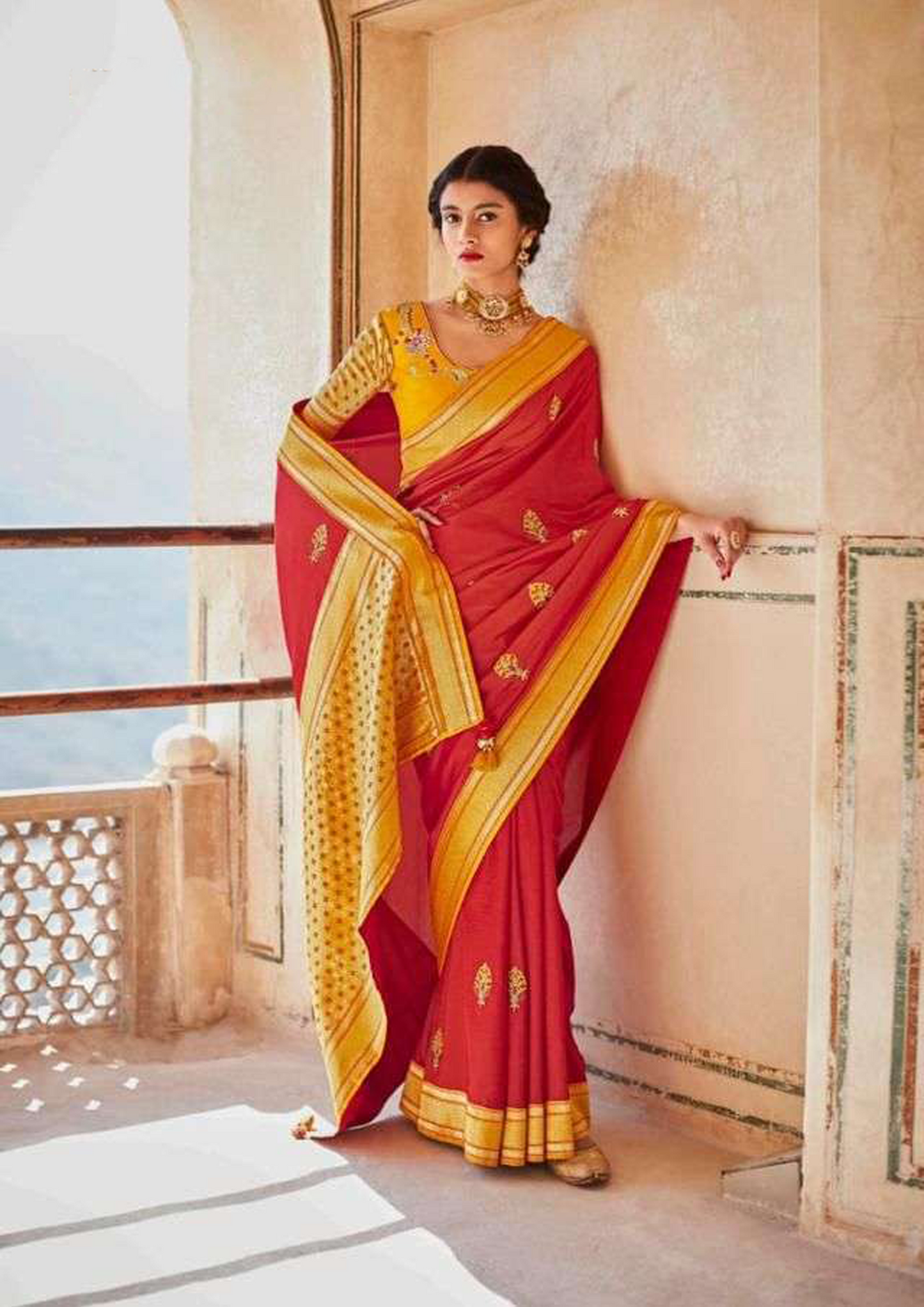 Maroon Saree With Mustard Border and Blouse (Unstitched)