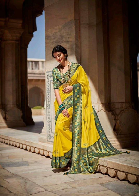 Yellow Pure Silk Saree With Dark Green Border And Blouse (Unstitched)