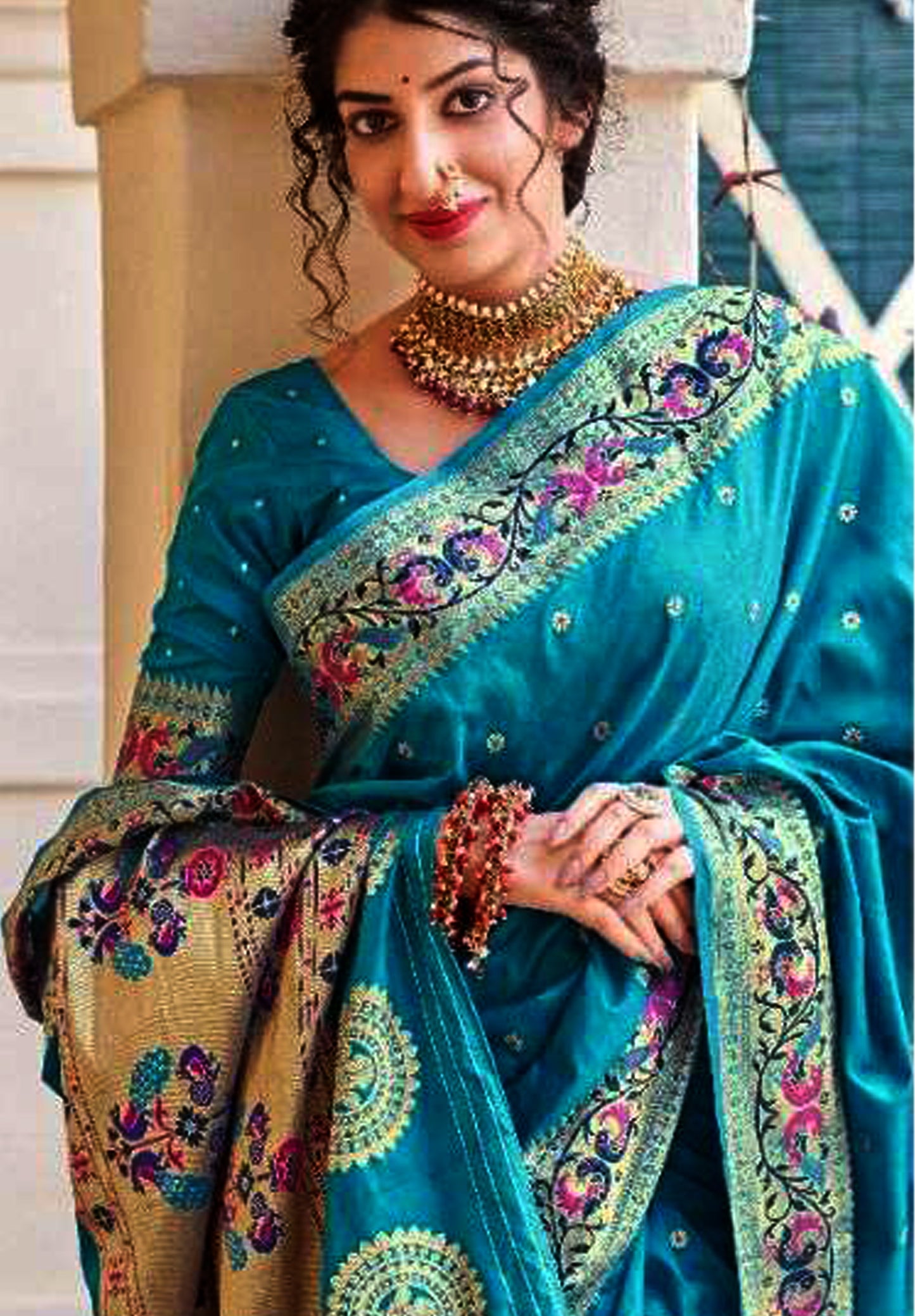 Teal blue pure silk saree with designer border and matching blouse (unstitched)